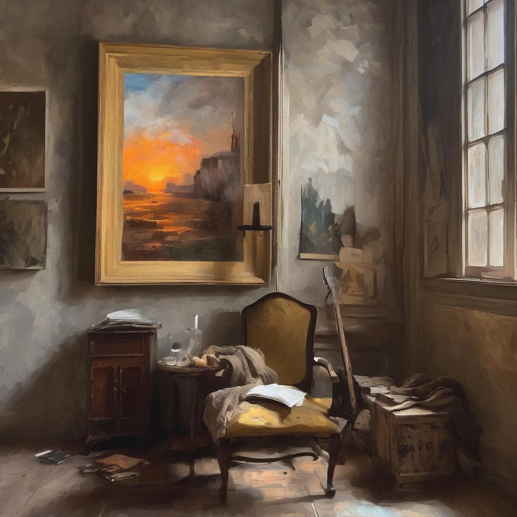 Αρχαία και μεγάλοι δάσκαλοι της εικαστικής τέχνης, έργα ζωγραφικής, ρεαλιστική εικαστική σύνθεση, παραδοσιακοί και κλασικοί καλλιτέχνες, εικονογράφηση ελαιογραφίας, ιστορία της τέχνης, τοίχοι με πίνακες ζωγραφικής, εικαστική δημιουργία, καλλιτεχνική ατμόσφαιρα, ελαιογραφία, καλλιτεχνική έμπνευση, εσωτερικός χώρος με πίνακα.