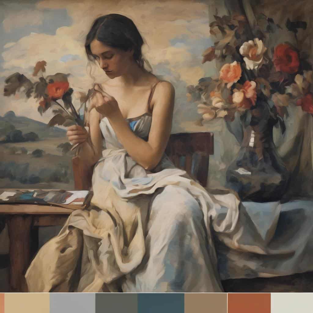 Μοντέρνα εικαστική τέχνη, πορτρέτο γυναίκας με λουλούδια, ζωγραφική σε καμβά, μεγάλοι δάσκαλοι της εικαστικής τέχνης, κλασικά έργα ζωγραφικής, εκφραστική τέχνη, καλλιτεχνική δημιουργία, σύγχρονες εικαστικές τεχνικές, παραδοσιακή τέχνη, ανθρώπινη έκφραση και αισθήματα, ιστορική ζωγραφική.