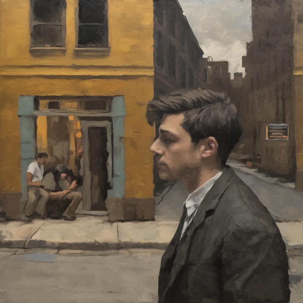 Ο μεγάλος δάσκαλος της εικαστικής τέχνης, πορτρέτο σε ασπρόμαυρη ρεαλιστική απεικόνιση, με επίκεντρο έναν νέο άνδρα σε αστικό περιβάλλον, που αναδεικνύει την τέχνη και την αισθητική στον χώρο της ζωγραφικής και της εικαστικής τέχνης.