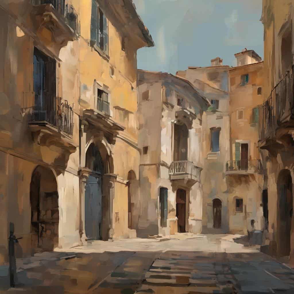 Παράδοξη εικόνα μιας αρχαίας ευρωπαϊκής πόλης με παραδοσιακά κτίρια και βεράντες, σε ρεαλιστικό εικαστικό στυλ, με έμφαση στην ιστορική και καλλιτεχνική αξία, ιδανική για τις μεγάλους δασκάλους της εικαστικής τέχνης.